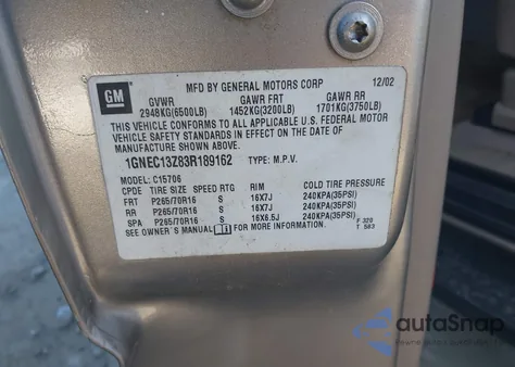 2003 Chevrolet Tahoe Lt from USA, damaged, VIN 1GNEC13Z83R189162